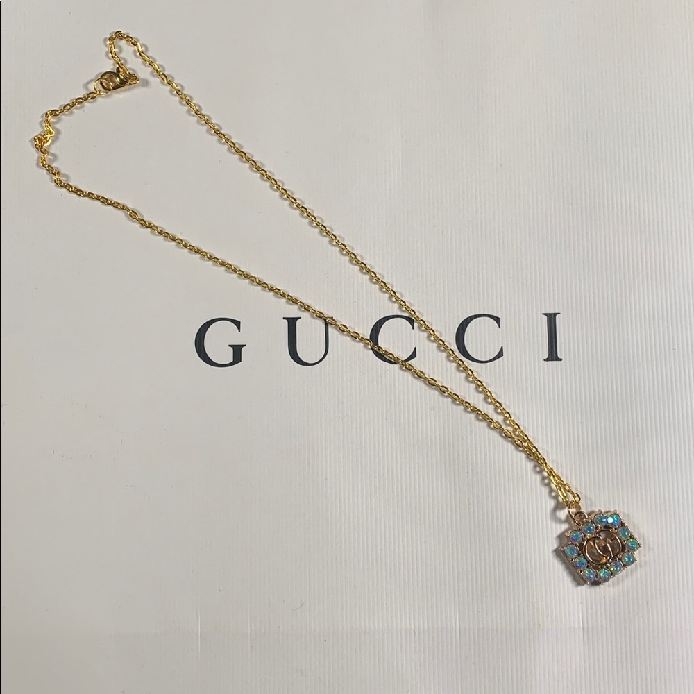 Beautiful iridescent Upcycled Gucci pendant on 18” gold plated chain